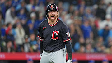 May 3, 2025; Toronto, Ontario, CAN; Cleveland Guardians second baseman Daniel Schneemann (10) celebrates hitting a grand slam hone run against the Toronto Blue Jays at during the ninth inning at Rogers Centre. Mandatory Credit: Nick Turchiaro-Imagn Images