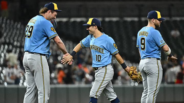 Sep 20, 2026; Baltimore, Maryland, USA;  Milwaukee Brewers players celebrate a win against the Baltimore Orioles at Oriole Park at Camden Yards.  Mandatory Credit: James A. Pittman-Imagn Images