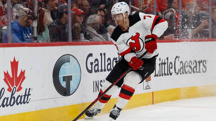 Apr 11, 2026; Detroit, Michigan, USA;  New Jersey Devils defenseman Dougie Hamilton (7) skates with the puck in the second period against the Detroit Red Wings at Little Caesars Arena. Mandatory Credit: Rick Osentoski-Imagn Images