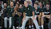 Nov 25, 2025; Fort Myers, Florida, USA; Michigan State Spartans head coach Tom Izzo looks on against the East Carolina Pirates in the first half at Suncoast Credit Union Arena. Mandatory Credit: Nathan Ray Seebeck-Imagn Images