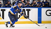 May 2, 2025; St. Louis, Missouri, USA; St. Louis Blues right wing Zack Bolduc (76) passes the puck against the Winnipeg Jets during the first period in game six of the first round of the 2025 Stanley Cup Playoffs at Enterprise Center. Mandatory Credit: Connor Hamilton-Imagn Images
