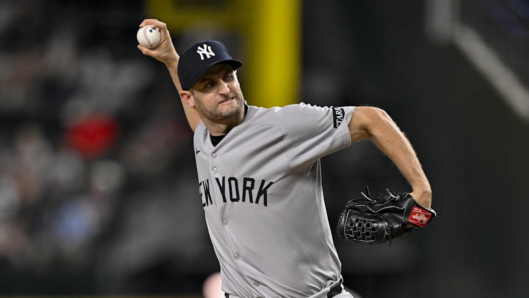 Aug 4, 2025; Arlington, Texas, USA; New York Yankees relief pitcher Jake Bird (59) in action during the game between the Texas Rangers and the New York Yankees at Globe Life Field. Mandatory Credit: Jerome Miron-Imagn Images