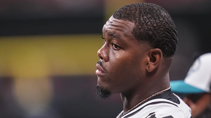 Aug 23, 2024; Atlanta, Georgia, USA; Jacksonville Jaguars defensive end Travon Walker (44) on the sideline during the game against the Atlanta Falcons during the second half at Mercedes-Benz Stadium. Mandatory Credit: Dale Zanine-Imagn Images