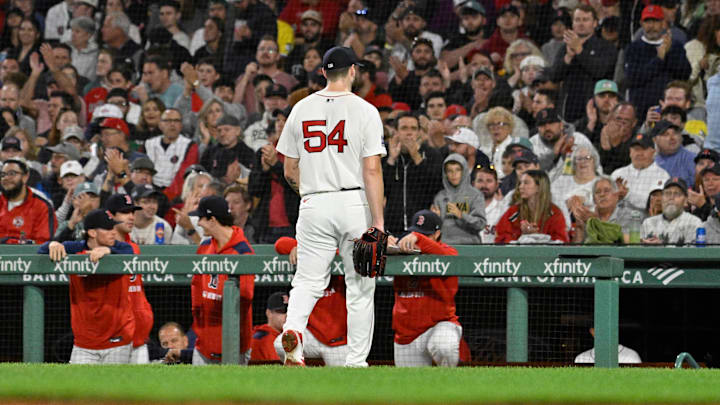 Sep 17, 2025; Boston, Massachusetts, USA; Boston Red Sox starting pitcher Lucas Giolito (54) is relieved of pitching duties during the fifth inning against the Athletics at Fenway Park. Mandatory Credit: Eric Canha-Imagn Images
