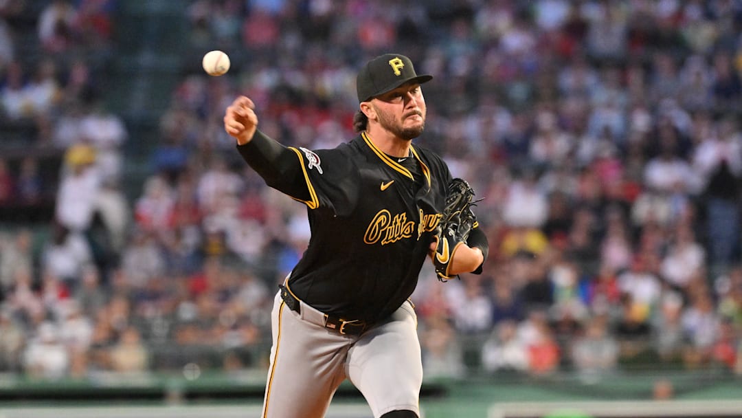 Aug 29, 2025; Boston, Massachusetts, USA; Pittsburgh Pirates starting pitcher Paul Skenes (30) pitches against the Boston Red Sox during the first inning at Fenway Park. Mandatory Credit: Eric Canha-Imagn Images