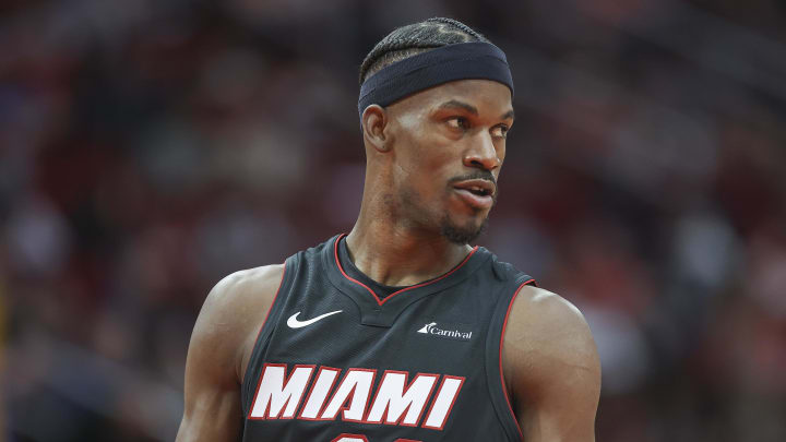 Apr 5, 2024; Houston, Texas, USA; Miami Heat forward Jimmy Butler (22) reacts after a play during the second quarter against the Houston Rockets at Toyota Center. Mandatory Credit: Troy Taormina-USA TODAY Sports