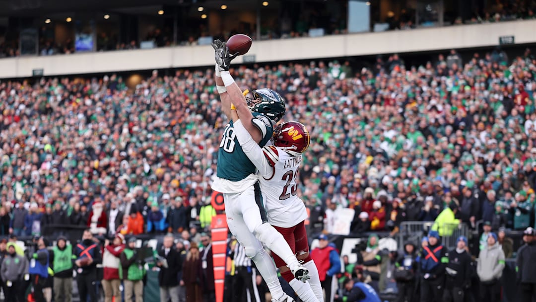 Jan 26, 2025; Commanders cornerback Marshon Lattimore (23) breaks up a pass intended for Philadelphia Eagles tight end Dallas Goedert (88).