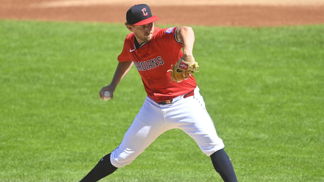 Aug 31, 2025; Cleveland, Ohio, USA; Cleveland Guardians starting pitcher Tanner Bibee (28) delivers a pitch in the first inning against the Seattle Mariners at Progressive Field. Mandatory Credit: David Richard-Imagn Images