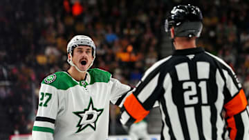 Dec 6, 2024; Las Vegas, Nevada, USA; Dallas Stars left wing Mason Marchment (27) reacts to a call in favor of the Vegas Golden Knights during the first period at T-Mobile Arena. Mandatory Credit: Stephen R. Sylvanie-Imagn Images