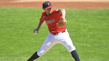Aug 31, 2025; Cleveland, Ohio, USA; Cleveland Guardians starting pitcher Tanner Bibee (28) delivers a pitch in the first inning against the Seattle Mariners at Progressive Field. Mandatory Credit: David Richard-Imagn Images