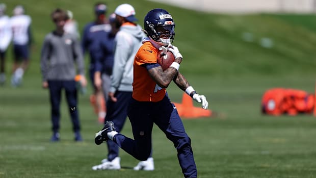 May 23, 2024; Englewood, CO, USA; Denver Broncos wide receiver Troy Franklin (16) during organized team activities at Centura