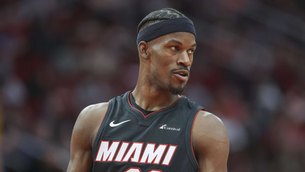 Apr 5, 2024; Houston, Texas, USA; Miami Heat forward Jimmy Butler (22) reacts after a play during the second quarter against the Houston Rockets at Toyota Center. Mandatory Credit: Troy Taormina-USA TODAY Sports