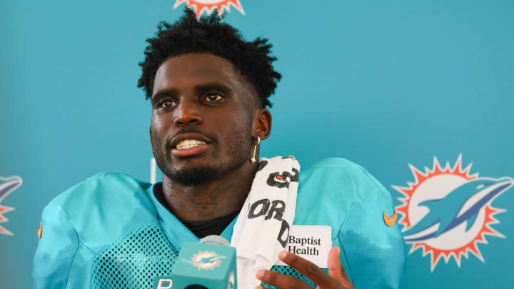 Aug 6, 2024; Miami Gardens, FL, USA; Miami Dolphins wide receiver Tyreek Hill (10) talks to reporters after a joint practice with the Atlanta Falcons at Baptist Health Training Complex. Mandatory Credit: Sam Navarro-USA TODAY Sports