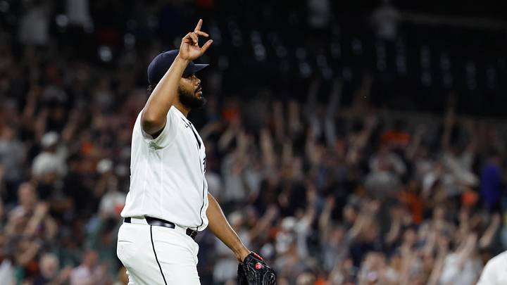 Apr 14, 2026; Detroit, Michigan, USA;  Detroit Tigers pitcher Kenley Jansen (74) celebrate after defeating the Kansas City Royals at Comerica Park. Mandatory Credit: Rick Osentoski-Imagn Images