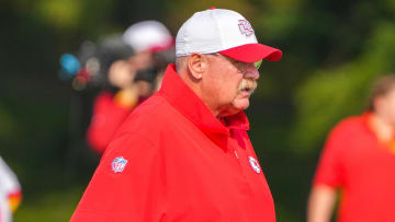 Jul 22, 2024; St. Joseph, MO, USA; Kansas City Chiefs head coach Andy Reid looks on during training camp at Missouri Western State University.