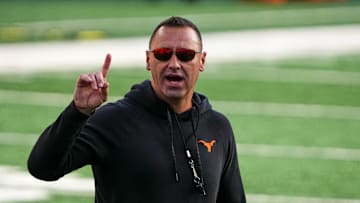Texas Longhorns head coach Steve Sarkisian gives orders during practice at Darrell K Royal-Texas Memorial Stadium in Austin Monday, Dec. 16, 2024.