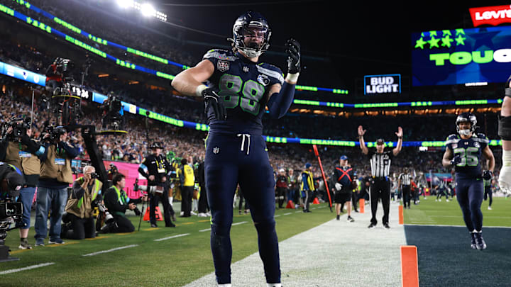 Feb 8, 2026; Santa Clara, CA, USA; Seattle Seahawks tight end AJ Barner (88) celebrates after a touchdown against the New England Patriots during the fourth quarter in Super Bowl LX at Levi's Stadium. Mandatory Credit: Mark J. Rebilas-Imagn Images