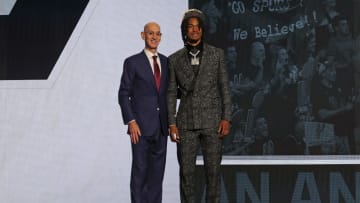 Jun 26, 2024; Brooklyn, NY, USA; Stephon Castle poses for photos with NBA commissioner Adam Silver after being selected in the first round by the San Antonio Spurs in the 2024 NBA Draft at Barclays Center. Mandatory Credit: Brad Penner-USA TODAY Sports