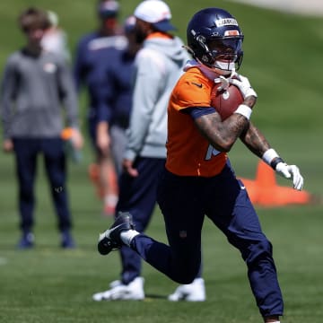 May 23, 2024; Englewood, CO, USA; Denver Broncos wide receiver Troy Franklin (16) during organized team activities at Centura Health Training Center. Mandatory Credit: Isaiah J. Downing-USA TODAY Sports