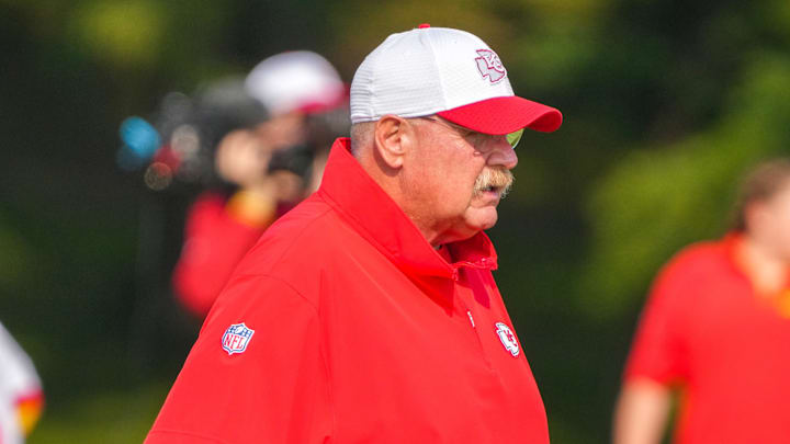 Jul 22, 2024; St. Joseph, MO, USA; Kansas City Chiefs head coach Andy Reid looks on during training camp at Missouri Western State University. Mandatory Credit: Denny Medley-USA TODAY Sports