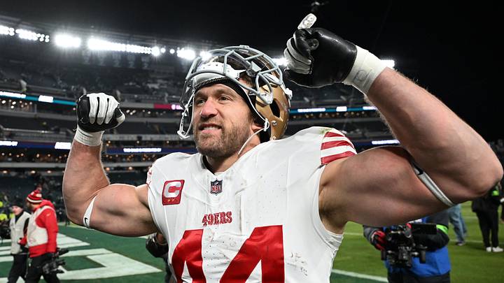 Jan 11, 2026; Philadelphia, PA, USA; San Francisco 49ers fullback Kyle Juszczyk (44) leaves the field after an NFC Wild Card Round game against the Philadelphia Eagles at Lincoln Financial Field. Mandatory Credit: Eric Hartline-Imagn Images
