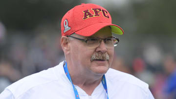 Jan 27, 2017; Kissimmee, FL, USA;  AFC coach Andy Reid of the Kansas City Chiefs during practice for the 2017 Pro Bowl at ESPN Wide World of Sports Complex. Mandatory Credit: Kirby Lee-Imagn Images