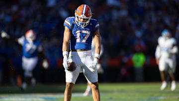 Nov 23, 2024; Gainesville, Florida, USA; Florida Gators wide receiver Chimere Dike (17) reacts after a catch against the Mississippi Rebels during the second half at Ben Hill Griffin Stadium. Mandatory Credit: Matt Pendleton-Imagn Images