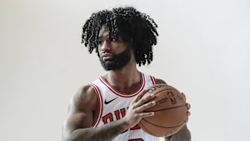Sep 29, 2025; Chicago, IL, USA; Chicago Bulls guard Coby White (0) poses for photos during Chicago Bulls Media Day. Mandatory Credit: David Banks-Imagn Images