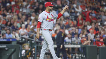 Jun 4, 2024; Houston, Texas, USA; St. Louis Cardinals manager Oliver Marmol (37) motions for a pitching change while walking to the mound during the sixth inning against the Houston Astros at Minute Maid Park. Mandatory Credit: Troy Taormina-USA TODAY Sports