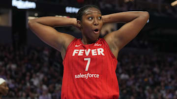 Jun 19, 2025; San Francisco, California, USA; Indiana Fever forward Aliyah Boston (7) reacts after being called for a foul during the second quarter against the Golden State Valkyries at Chase Center. Mandatory Credit: Darren Yamashita-Imagn Images
