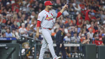 Jun 4, 2024; Houston, Texas, USA; St. Louis Cardinals manager Oliver Marmol (37) motions for a pitching change while walking to the mound during the sixth inning against the Houston Astros at Minute Maid Park. Mandatory Credit: Troy Taormina-USA TODAY Sports