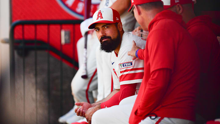 Jul 14, 2024; Anaheim, California, USA; Los Angeles Angels infielder Anthony Rendon (6) watches game action against the Seattle Mariners during the eighth inning at Angel Stadium. Mandatory Credit: Gary A. Vasquez-Imagn Images