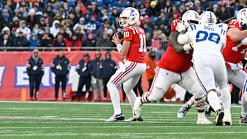 Dec 1, 2024; Foxborough, Massachusetts, USA; New England Patriots quarterback Drake Maye (10) looks to pass the ball during the second half against the Indianapolis Colts at Gillette Stadium. Mandatory Credit: Eric Canha-Imagn Images