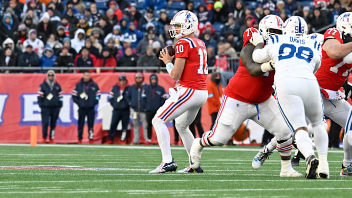 Dec 1, 2024; Foxborough, Massachusetts, USA; New England Patriots quarterback Drake Maye (10) looks to pass the ball during the second half against the Indianapolis Colts at Gillette Stadium. Mandatory Credit: Eric Canha-Imagn Images