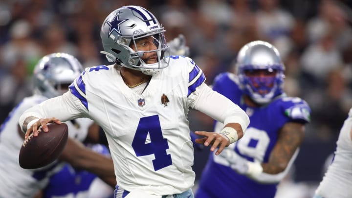 Nov 30, 2023; Arlington, Texas, USA; Dallas Cowboys quarterback Dak Prescott (4) throws a pass against the Seattle Seahawks during the second half at AT&T Stadium. Mandatory Credit: Tim Heitman-USA TODAY Sports