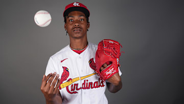 Feb 23, 2023; Jupiter, FL, USA; St. Louis Cardinals pitcher Tink Hence (95) poses for a portrait during spring training photo day. Mandatory Credit: Jim Rassol-Imagn Images