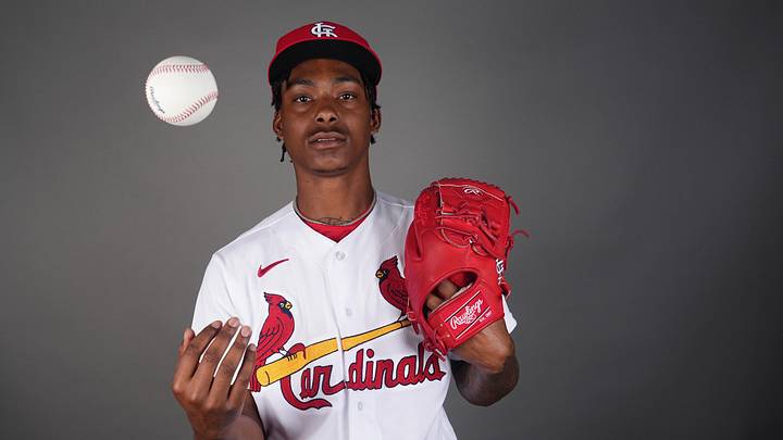 Feb 23, 2023; Jupiter, FL, USA; St. Louis Cardinals pitcher Tink Hence (95) poses for a portrait during spring training photo day. Mandatory Credit: Jim Rassol-Imagn Images