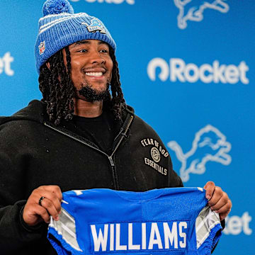 Detroit Lions first round draft selection Tyleik Williams speaks during the introduction press conference at Allen Park 