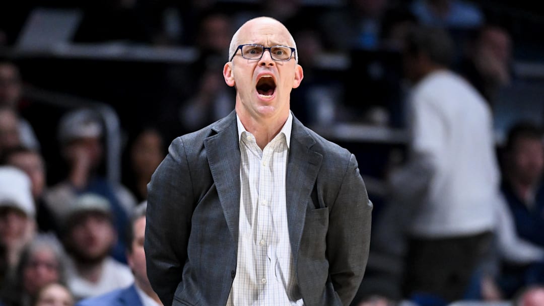 Feb 11, 2026; Indianapolis, Indiana, USA; UConn Huskies head coach Dan Hurley instructs his team against the Butler Bulldogs during the first half at Hinkle Fieldhouse. Mandatory Credit: Robert Goddin-Imagn Images Feb 11, 2026; Indianapolis, Indiana, USA; UConn Huskies head coach Dan Hurley instructs his team against the Butler Bulldogs during the first half at Hinkle Fieldhouse. Mandatory Credit: Robert Goddin-Imagn Images