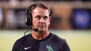 Oct 10, 2025; Denton, Texas, USA; North Texas Mean Green head coach Eric Morris stands on the sidelines against the South Florida Bulls during the second half of a game at DATCU Stadium. Mandatory Credit: Raymond Carlin III-Imagn Images