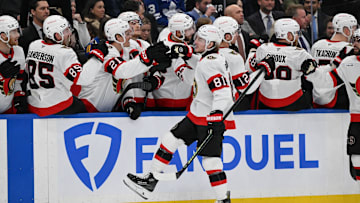 Apr 22, 2025; Toronto, Ontario, CAN;  Ottawa Senators forward Adam Gaudette (81) celebrates with team mates after scoring a goal against the Toronto Maple Leafs in the third period in game two of the first round of the 2025 Stanley Cup Playoffs at Scotiabank Arena. Mandatory Credit: Dan Hamilton-Imagn Images