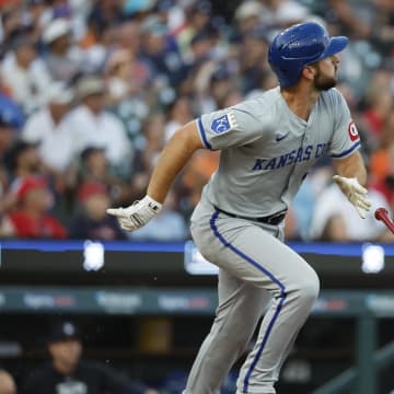 Aug 3, 2024; Detroit, Michigan, USA;  Kansas City Royals shortstop Paul DeJong (15) hits a two run home run in the seventh inning against the Detroit Tigers at  Comerica Park. Mandatory Credit: Rick Osentoski-USA TODAY Sports