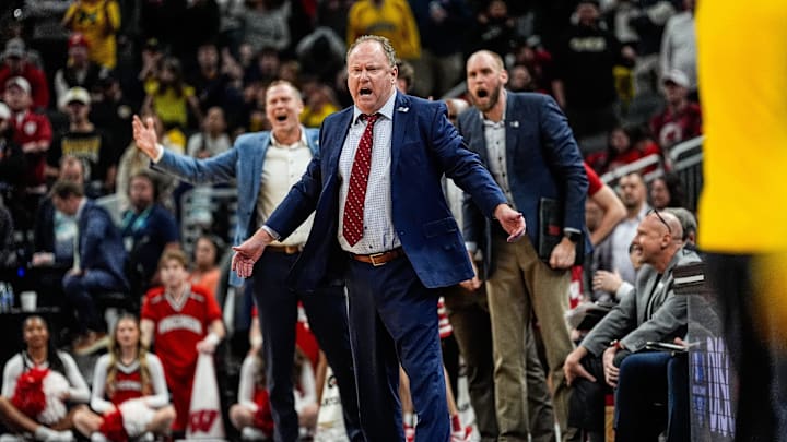 Wisconsin head coach Greg Gard reacts to a play against Michigan during the second half of Big Ten Tournament championship game at Gainbridge Fieldhouse in Indianapolis, Ind. on Sunday, March 16, 2025.