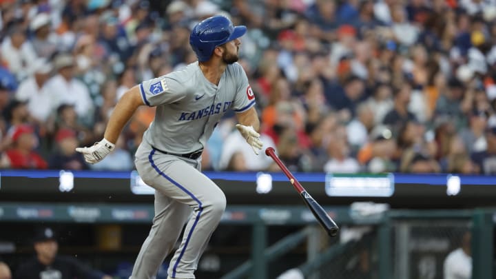 Aug 3, 2024; Detroit, Michigan, USA;  Kansas City Royals shortstop Paul DeJong (15) hits a two run home run in the seventh inning against the Detroit Tigers at  Comerica Park. Mandatory Credit: Rick Osentoski-USA TODAY Sports