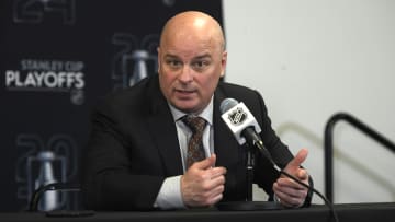 May 4, 2024; Boston, Massachusetts, USA; Boston Bruins coach Jim Montgomery speaks to the media after defeating the Toronto Maple Leafs in game seven of the first round of the 2024 Stanley Cup Playoffs at TD Garden. Mandatory Credit: Bob DeChiara-USA TODAY Sports