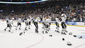 Western Michigan Broncos celebrate after defeating the Boston University Terriers to win the NCAA ice hockey championship