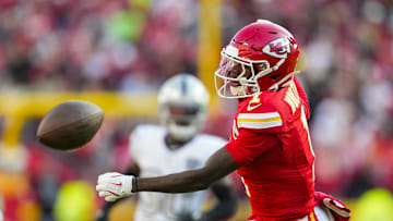 Nov 29, 2024; Kansas City, Missouri, USA; Kansas City Chiefs wide receiver Xavier Worthy (1) is unable to make a catch during the first half against the Las Vegas Raiders at GEHA Field at Arrowhead Stadium. Mandatory Credit: Jay Biggerstaff-Imagn Images