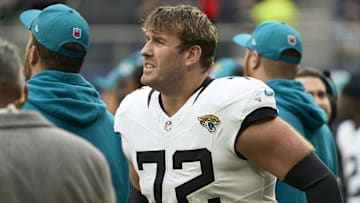 Oct 13, 2024; London, United Kingdom; Jacksonville Jaguars offensive tackle Walker Little (72) during the second half of an NFL International Series game at Tottenham Hotspur Stadium. Mandatory Credit: Peter van den Berg-Imagn Images