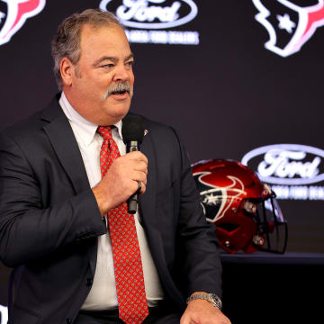 Feb 2, 2023; Houston, TX, USA; Houston Texans owner Cal McNair speaks during a press conference introducing Demeco Ryans as head coach at NRG Stadium. Mandatory Credit: Erik Williams-USA TODAY Sports