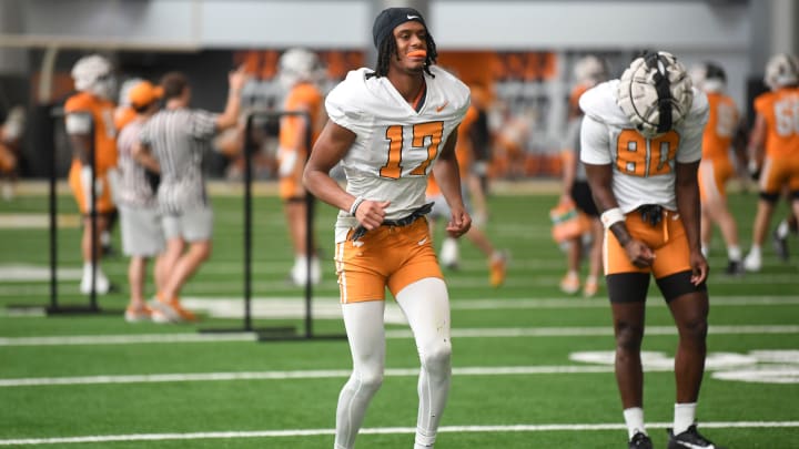 Tennessee’s Chris Brazzell II (17) during Tennessee football’s first fall practice, in Knoxville, Tenn., Wednesday, July 31, 2024.